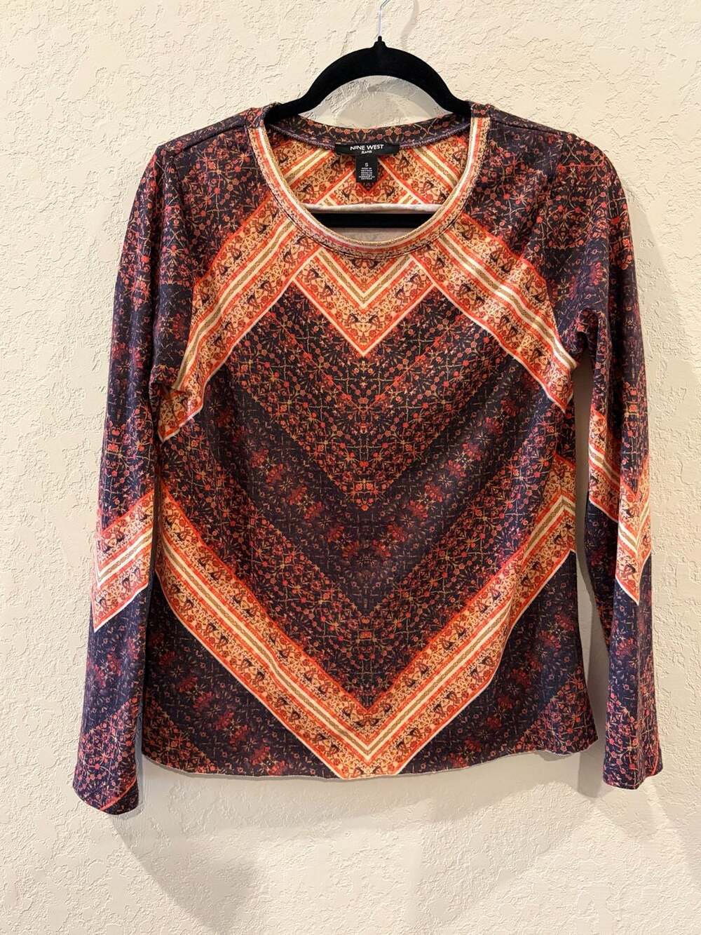 Nine West Jeans Women's Long Sleeve Geometric Tribal Print Crew Neck Top